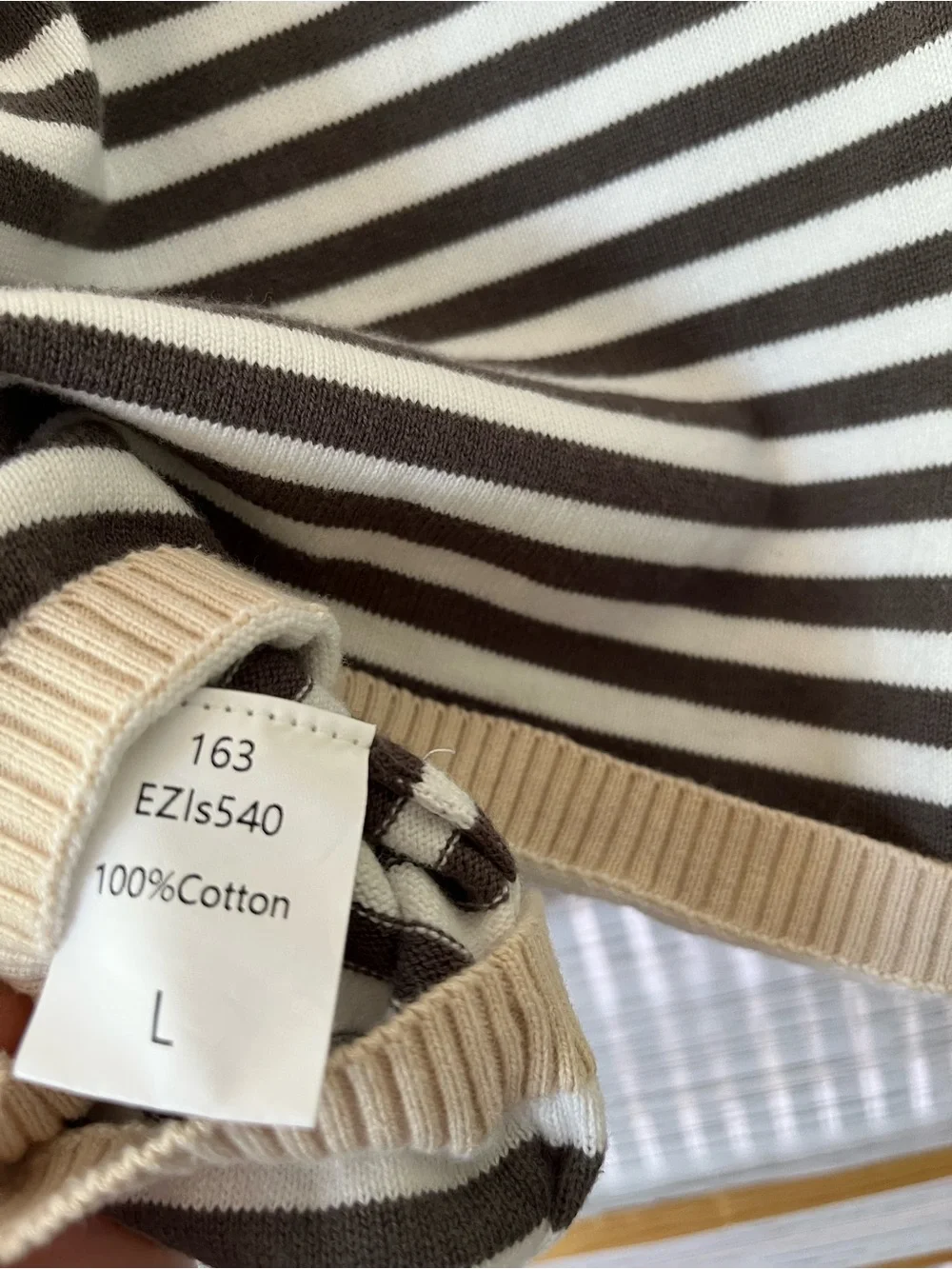100%COTTON Striped Crewneck Sweater in Black and Cream with Pocket SZ-L - Picture 8 of 8